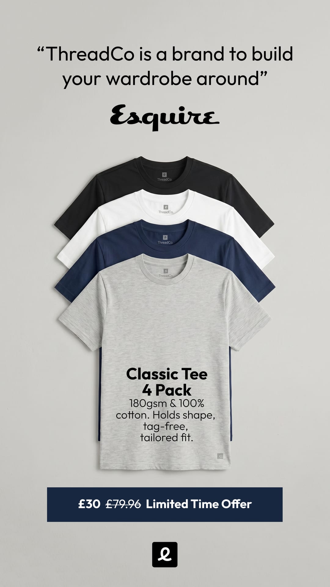 ThreadCo Classic Tee 4 Pack, 180gsm cotton